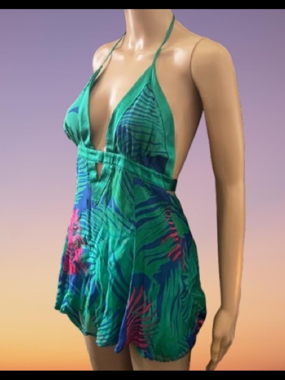 Marciano Silk Green Tropical Halter Open Back Top